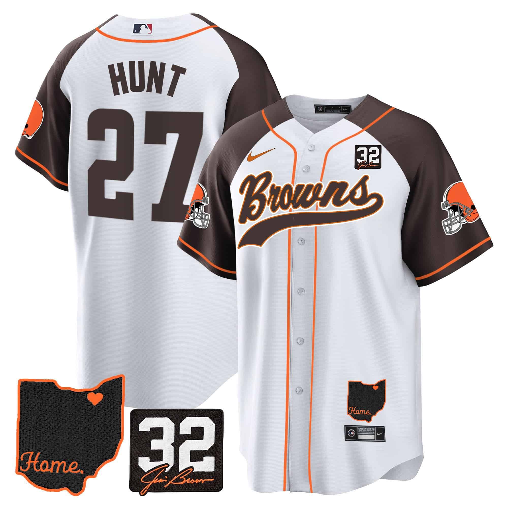 Men Cleveland Browns 27 Hunt White Memorial Home Patch Baseball 2024 Nike NFL Jersey style 1